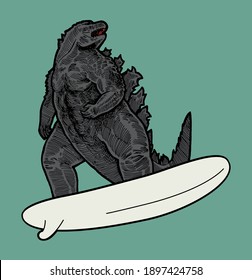 Japanese dino on surfboard isolated character vector illustration. Japanese king of all monsters surfer illustration..