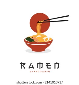 Japanese dish ramen noodle illustration logo with chopsticks