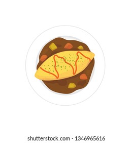 Japanese dish with stirfired rice wrapped inside an egg omelet  with curry.