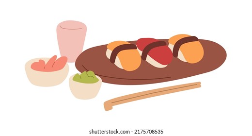 Japanese dish with sushi served on wood plate with sauces, chopsticks. Japan food, nigiri with nori and fish on board with Asian garnish. Flat vector illustration isolated on white background