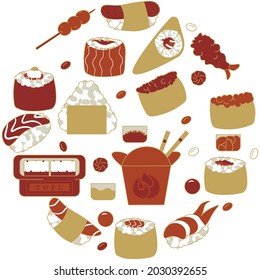 Japanese dishes laid out in the form of a circle. Flat vector illustration