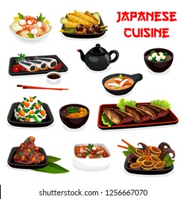 Japanese dishes with seafood and vegetables. Vector fish with plums and soy sauce, shrimp radish salad, cuttlefish and sweet potato stew, chestnut rice, soups with feta, miso, veggies and mushroom