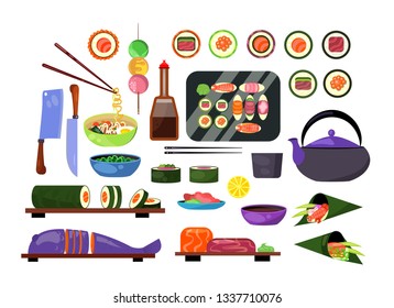Japanese dishes set. Collection for national Japan cuisine. Can be used for topics like restaurant, national food, seafood