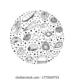 Japanese dishes.  Set of sea food for the design of the menu of cafes and restaurants. Seafood is isolated. Vector isolated illustration with elements of sushi, roll, fish, caviar, and shrimp.