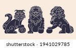 Japanese dog ancient statue flat cartoon illustration. Guardian animal Komainu dog banner design. Traditional asian symbol background.