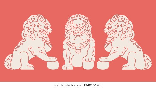 Ilustración de dibujos animados planos de la estatua antigua del perro japonés. Animal Guardian Diseño de pancartas de perro Komainu. Fondo tradicional asiático.