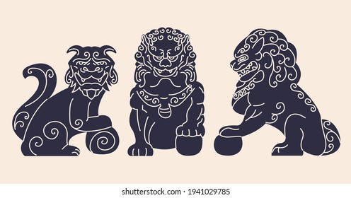 Ilustración de dibujos animados planos de la estatua antigua del perro japonés. Animal Guardian Diseño de pancartas de perro Komainu. Fondo tradicional asiático.