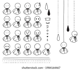 Japanese doll, amulet, line drawing illustration of "Teru teru bozu"