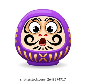 Japanese doll daruma cartoon face mask of Japan culture or Bodhidharma, vector symbol. Purple daruma doll talisman with face symbolizing health, longevity, nobility and spirituality in Japanese art