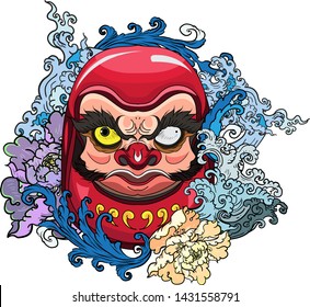 Japanese doll Daruma tattoo with peony flower and water splash.Art of japanese tattoo design.apanese Daruma Doll, Symbol of Determination and Fortune