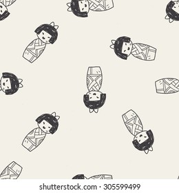 Japanese doll doodle seamless pattern background