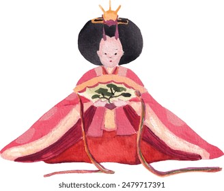 Muñeca japonesa la emperatriz acuarela ilustración. Ropa tradicional de kimono rosa colorido para las artes femeninas. Festival de cultura japonesa para niñas. Juguete tradicional para niños. 