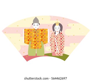 Japanese Doll  Festival:Hinamatsuri Dolls  with a paper fan background