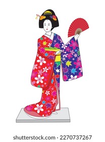 Japanese doll or Geisha dress in leaves or cherry blossoms or flower pattern Kimono holding folding fan drawing in cartoon vector