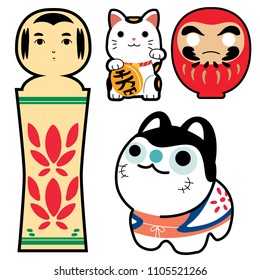 Japanese doll icons vector. Charm cat, Lucky doll, Toy Japanese dog. Wooden doll.