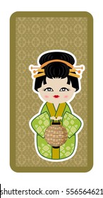 Japanese doll, Kokeshi with a lantern on green textured background