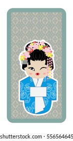 Japanese doll, Kokeshi on grey-green textured background