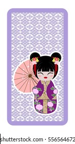 Japanese doll, Kokeshi with an umbrella on a purple textured background 