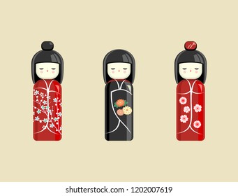 Japanese doll. Oriental toy, souvenir, sign. The girl in the kimono. Vector.