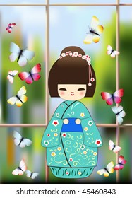 Japanese doll window and butterflies background vector