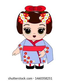 japanese doll young woman in the style of Doll. Character toy. Design for Baby T-shirt, souvenir, cards, cards, wallpapers.