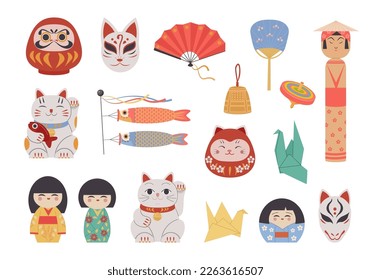 muñecas japonesas. la buena suerte tradicional maneki neko símbolos. Ilustraciones de dibujos animados