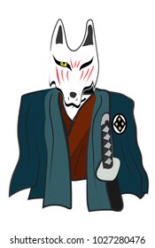 Japanese doodle brush art devil fox mask samurai warrior called Kitsune
