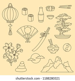 Japanese doodle line traditional icons symbols vector set