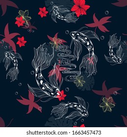 Japanese  doodle seamless pattern with koi carp and red blue flowers for textile