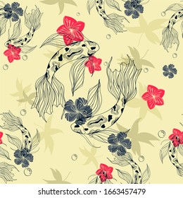 Japanese  doodle seamless pattern with koi carp and red blue flowers for textile