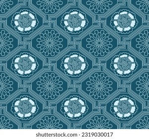 Japanese Dot Line Flower Octagon Vector Seamless Pattern