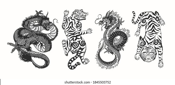 Japanese dragon. Asian Japanese tiger. Mythological animal or traditional reptile. Symbol for tattoo or label. Engraved hand drawn line art Vintage old monochrome sketch, ink. Vector illustration.