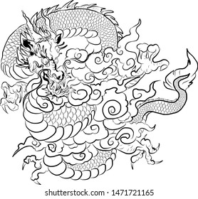 Japanese Dragon with cloud vector illustration idea for tattoo and T-shirt graphic.Chinese dragon vector.