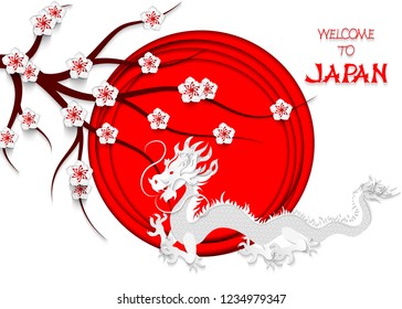 Japanese dragon cut out of paper on the background of the Japanese flag, cherry blossoms and hand lettering Welcome to Japan. 3d vector illustration of the Japanese flag.