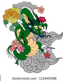 Japanese Dragon and fan tattoo design for wallpaper and background.Chinese dragon with peach blossom and cherry flower on cloud.