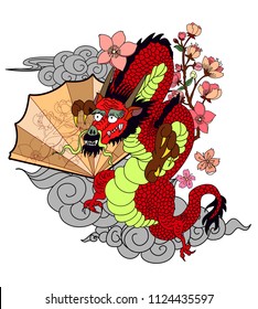Japanese Dragon and fan tattoo design for wallpaper and background.Chinese dragon with peach blossom and cherry flower on cloud.