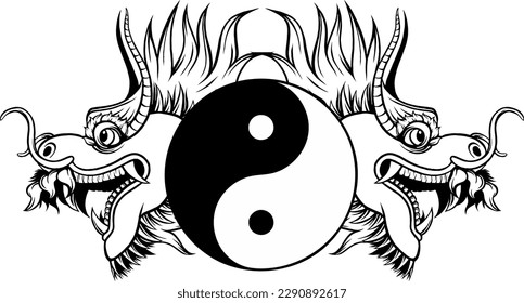 Japanese dragon head vector illustration in vintage monochrome style isolated on white background