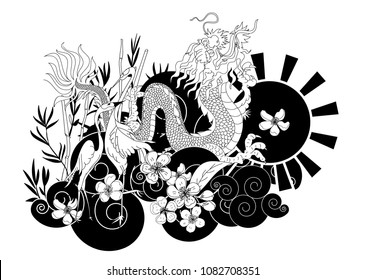 Japanese Dragon and Heron bird with Sakura flower on cloud background.Chinese dragon tattoo design.