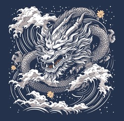 Japanese Dragon Illustration With Japanese Text Tokyo . Vector Graphics For T-shirt Prints And Other Uses.