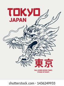Japanese dragon illustration with Japanese text Tokyo . Vector graphics for t-shirt prints and other uses.
