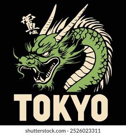 Ilustración de dragón japonés . Gráficos de Vector para estampados de camisetas y otros usos. Eslogan de Tokio.