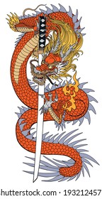 Un dragón japonés con una espada de katana. Criatura mitológica asiática y oriental. Ilustración vectorial de estilo tatuado aislado