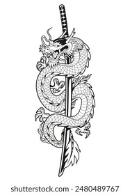 Japanese Dragon With Katana Vector Tattoo