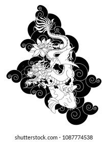 Japanese Dragon and koi carp with lotus flower on cloud background.colorful Chinese tattoo design.