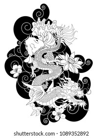 Japanese Dragon and koi carp with lotus flower on cloud background.colorful Chinese tattoo design.