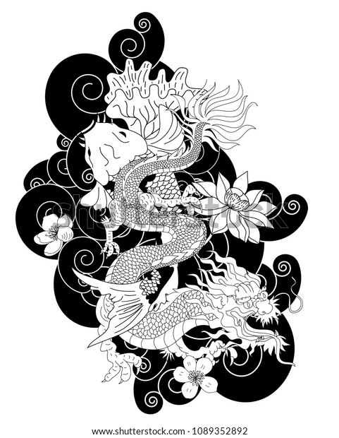 Hakuun Japanese Dragon Koi Carp Lotus Flower Liittyva Vektorikuva Rojaltivapaa 1089352892