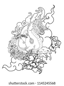 Japanese Dragon koi fish illustration design with lotus and peony flower.Traditional dragon tattoo design.