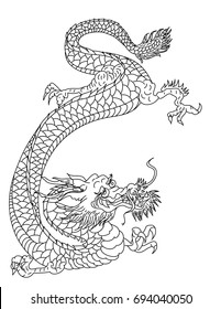 Japanese Dragon Line drawing on white background.Dragon tattoo vector