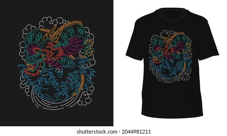 japanese dragon monoline tattoo tshirt design