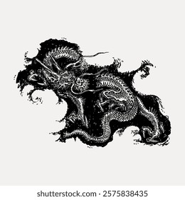 Japanese dragon, mythical creature illustration by Shumboku isolated on white, vector. Vintage Japanese illustration, vintage art from Japan. Japanese animal illustration isolated on white, vector.